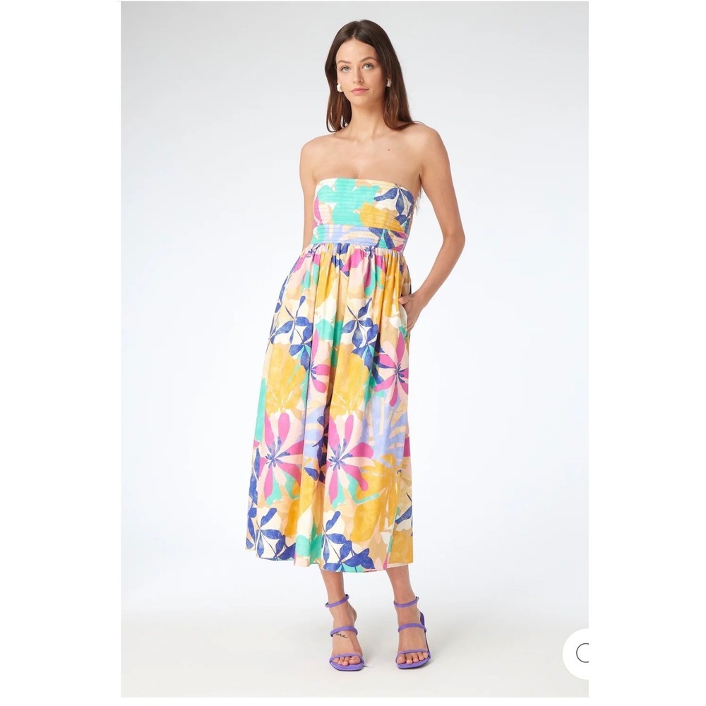 Gilner Farrar Mira Strapless Midi Dress XS Multicolor Floral Smocked Pockets